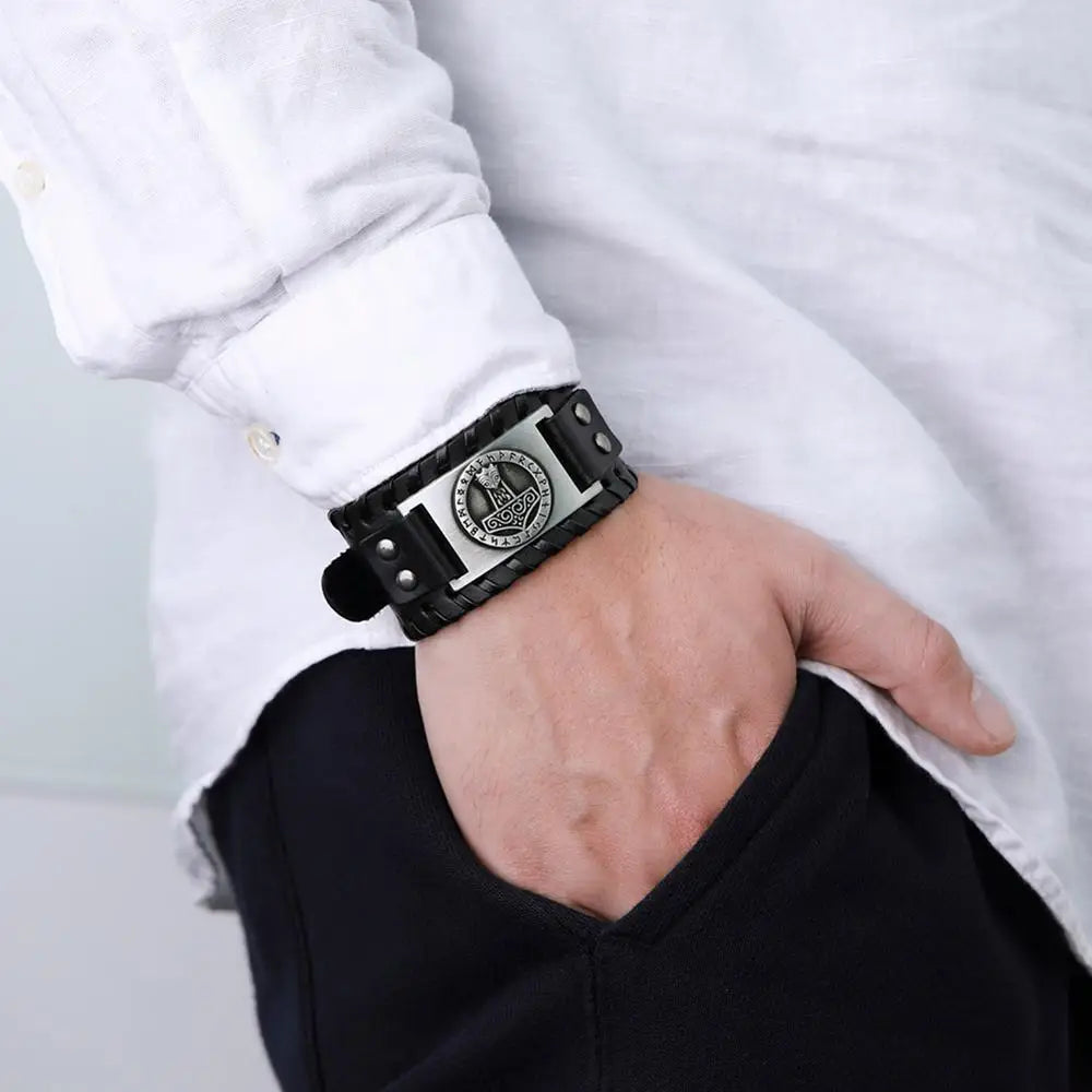 Handcrafted Thor's Hammer Leather Bracelet