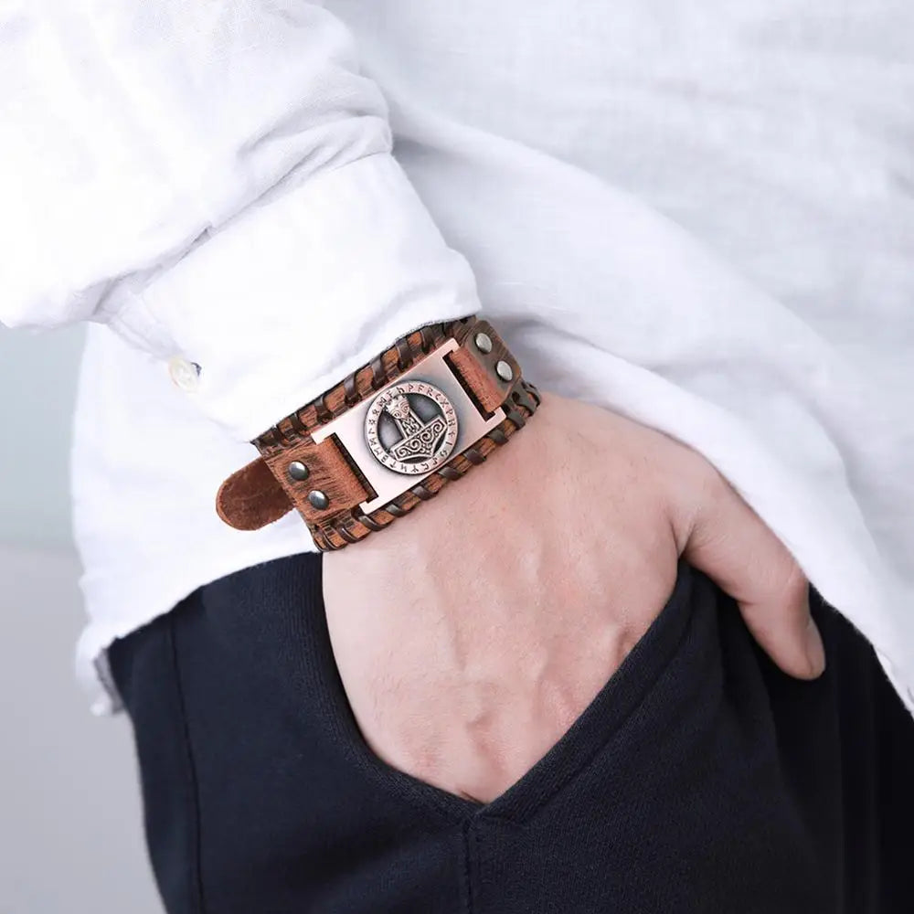 Handcrafted Thor's Hammer Leather Bracelet