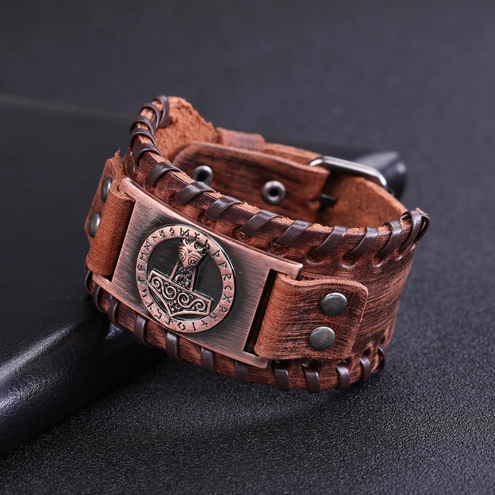 Handcrafted Thor's Hammer Leather Bracelet