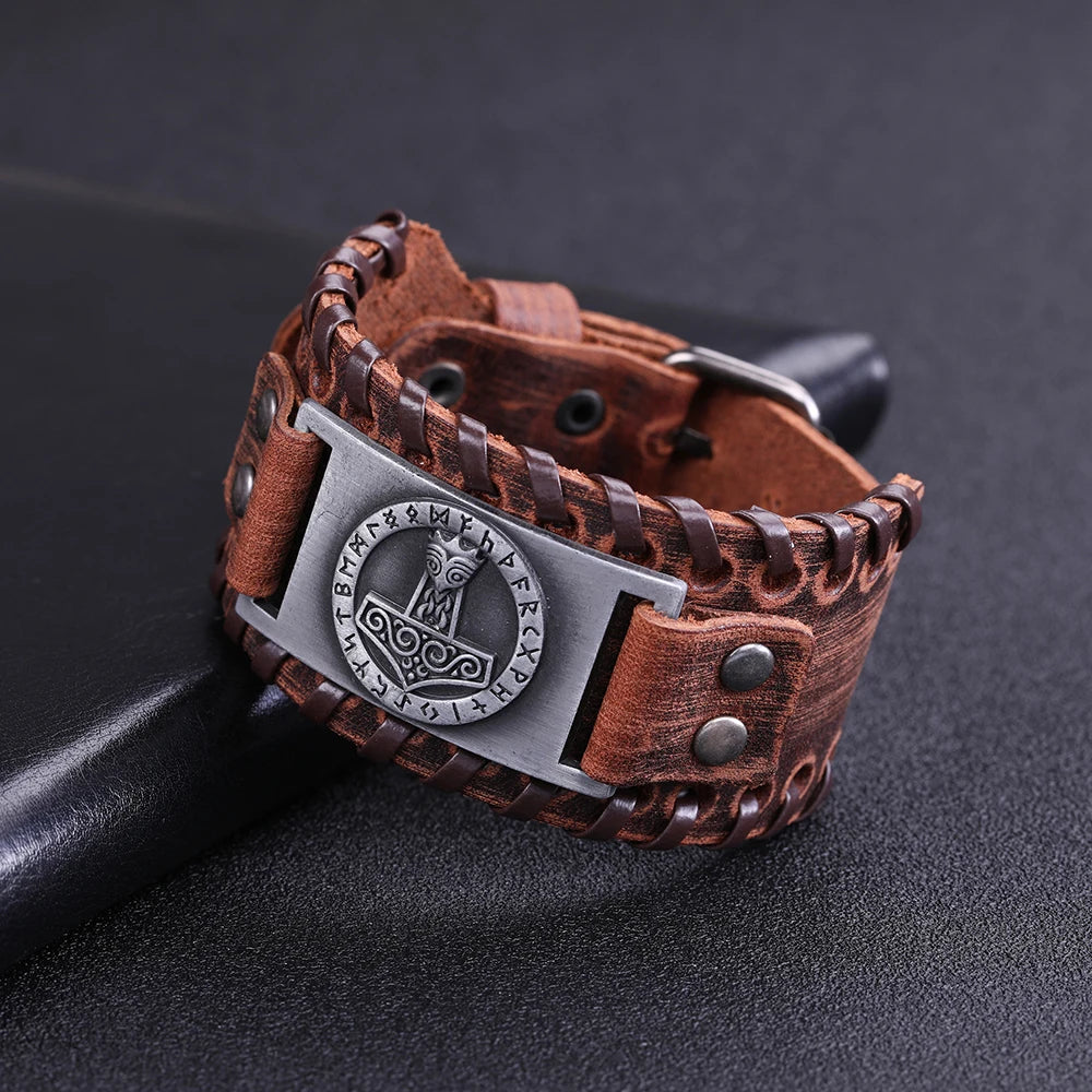 Handcrafted Thor's Hammer Leather Bracelet