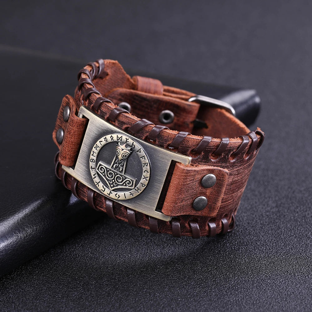 Handcrafted Thor's Hammer Leather Bracelet