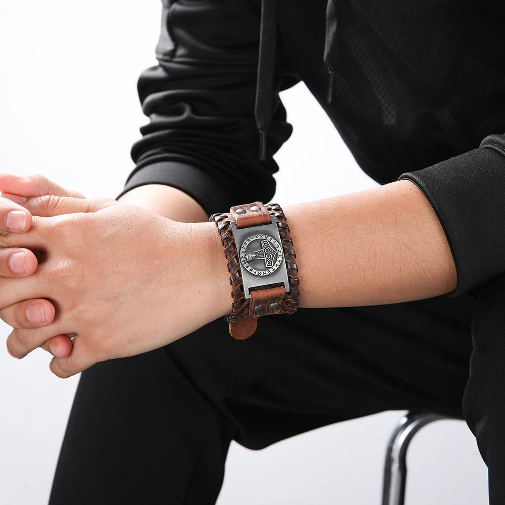 Handcrafted Thor's Hammer Leather Bracelet