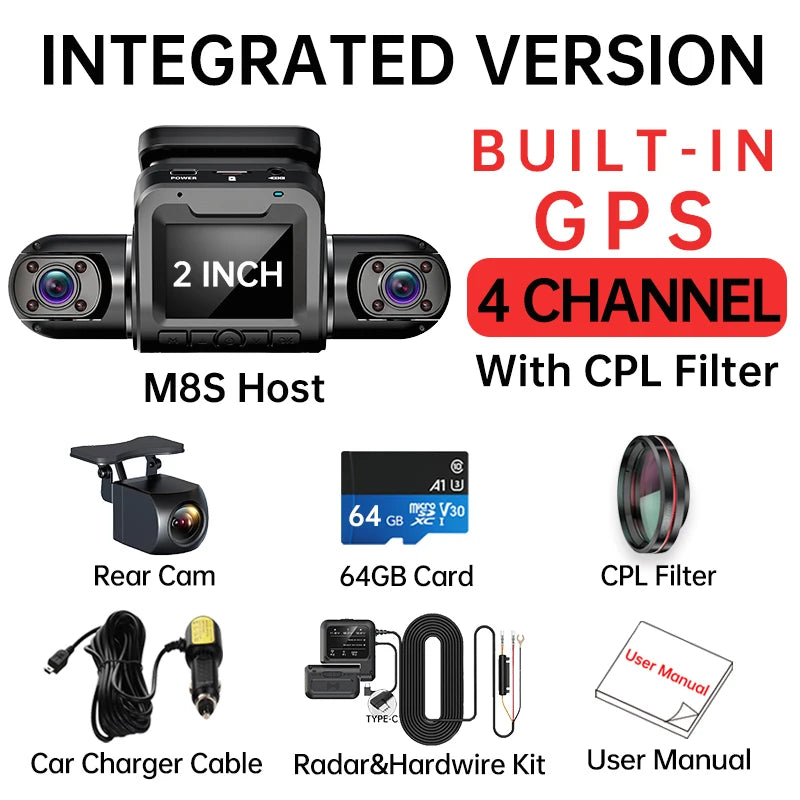 TiESFONG 360 4CH GPS Dash Cam M8S 4*1080P for Car WiFi Video Recorder IR Night Vision Support 24H Parking Monitor(64GB Card)