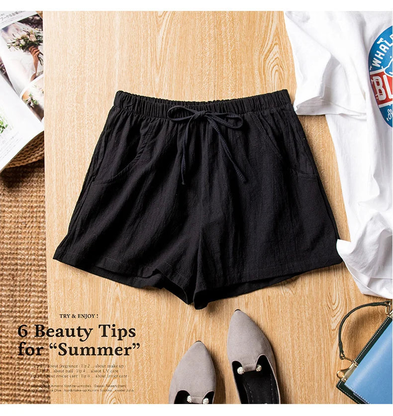 High-Waisted Linen Cotton Casual Shorts for Women