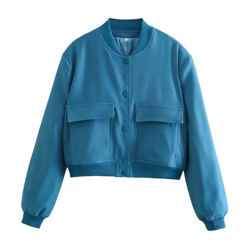 Women's Classic Button-Front Bomber Jacket with Pockets