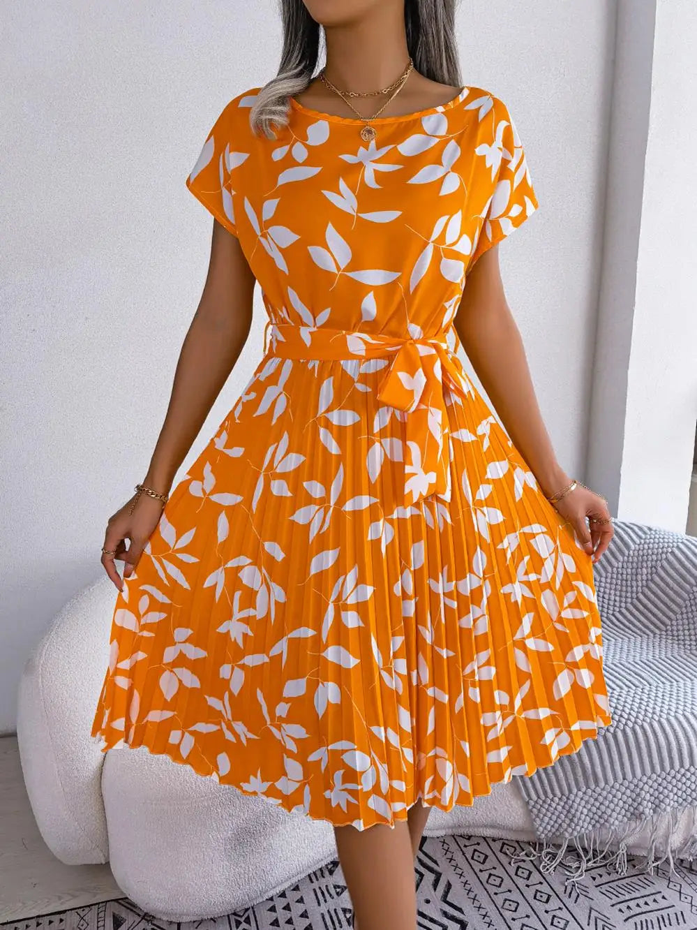 Floral Pleated Short Sleeve High Waist Chic Dress