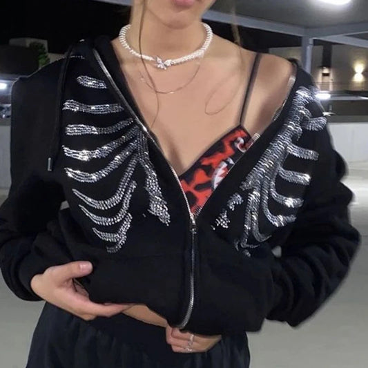 Y2K Gothic Rhinestone Skeleton Zip-Up Hoodie