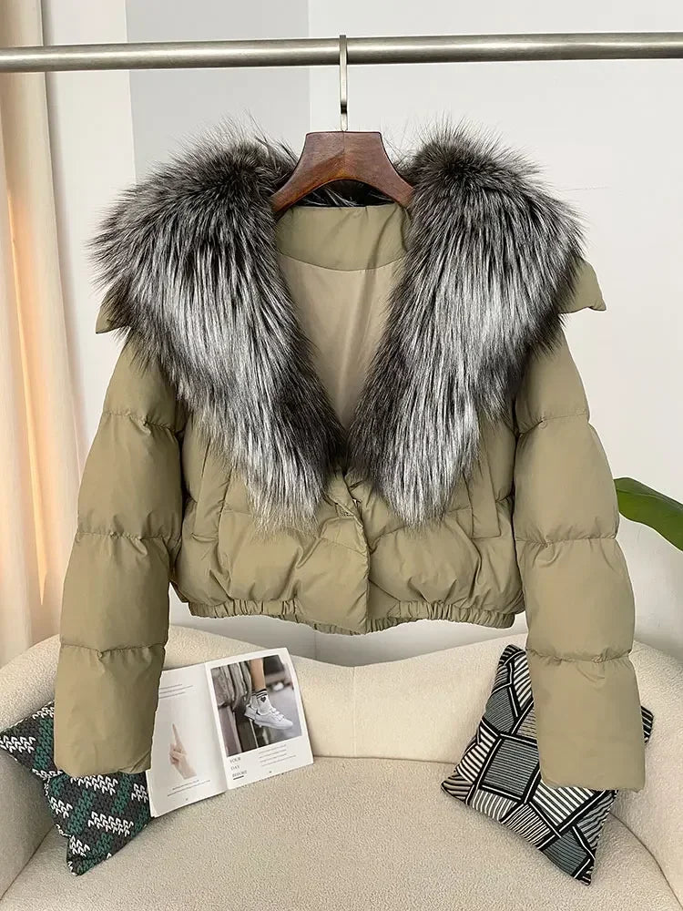 Luxury Women's Short Puffer Jacket with Natural Fox Fur Collar