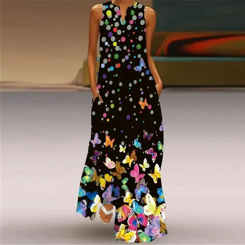 Vintage Maxi Pocket Loose Casual Print A-Line Dress