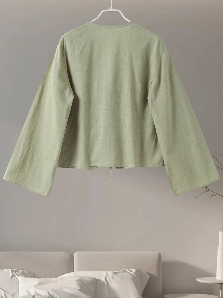 Elegant V-Neck Cotton Linen Blouse