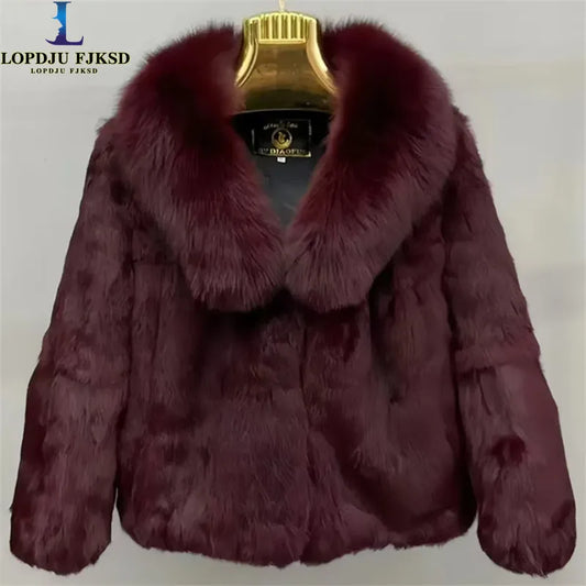 Luxury Real Rex Rabbit Fur Coat with Fox Fur Collar