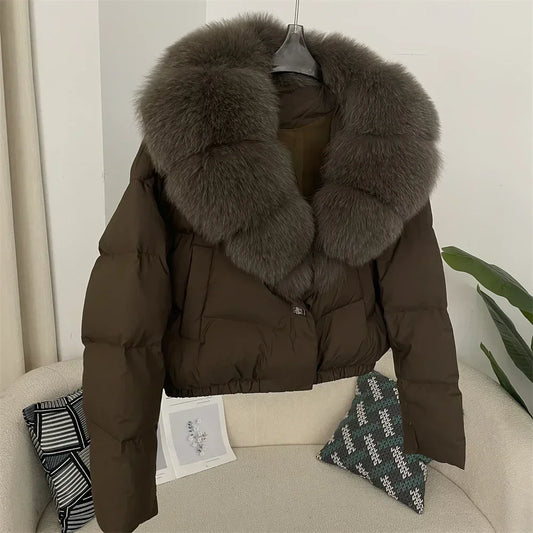 Luxury Women's Short Puffer Jacket with Natural Fox Fur Collar