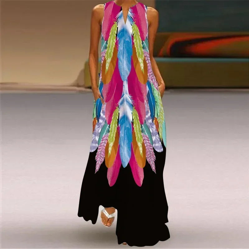 Vintage Maxi Pocket Loose Casual Print A-Line Dress