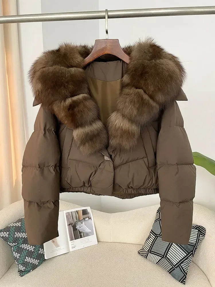 Luxury Women's Short Puffer Jacket with Natural Fox Fur Collar