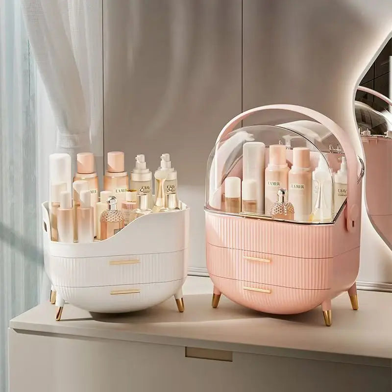 Makeup Organizer With Lid Skincare Organizer with 2 Drawers Cosmetic Display Case for Vanity Bathroom Countertop Storage Pink