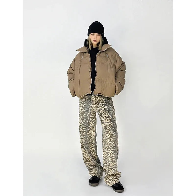 High-Waist Vintage Leopard Print Denim Jeans
