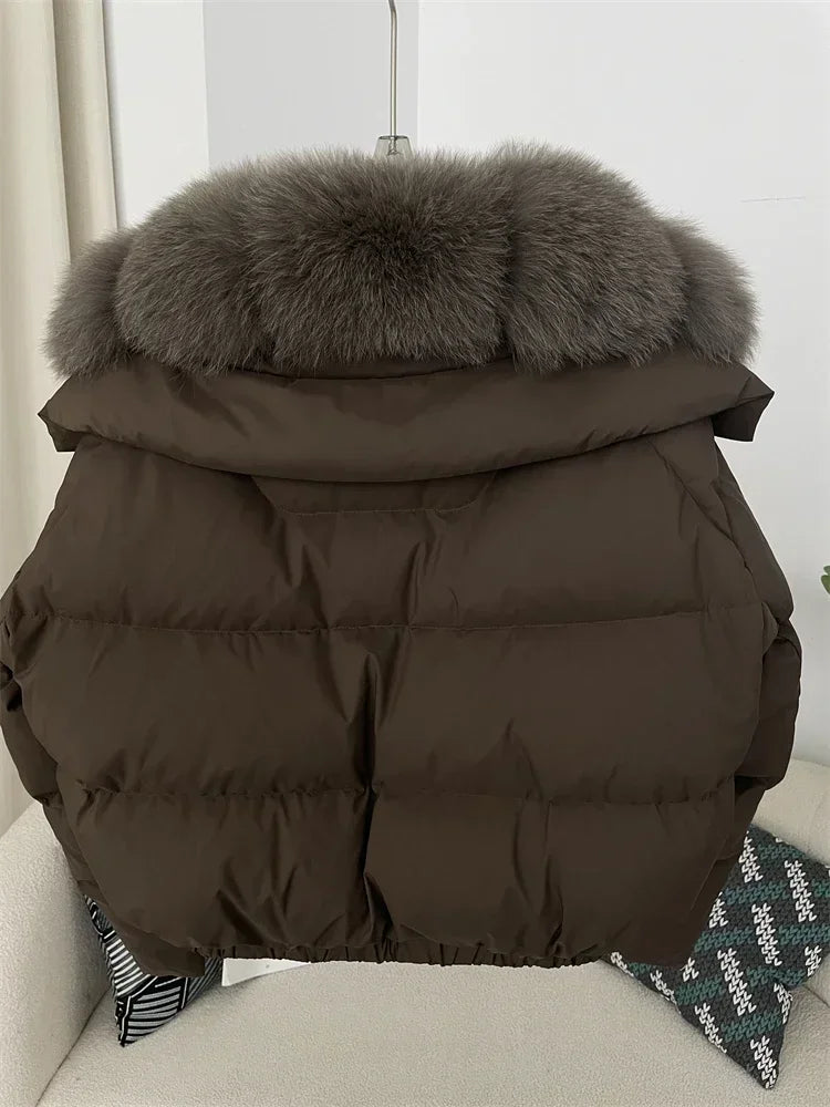 Luxury Women's Short Puffer Jacket with Natural Fox Fur Collar