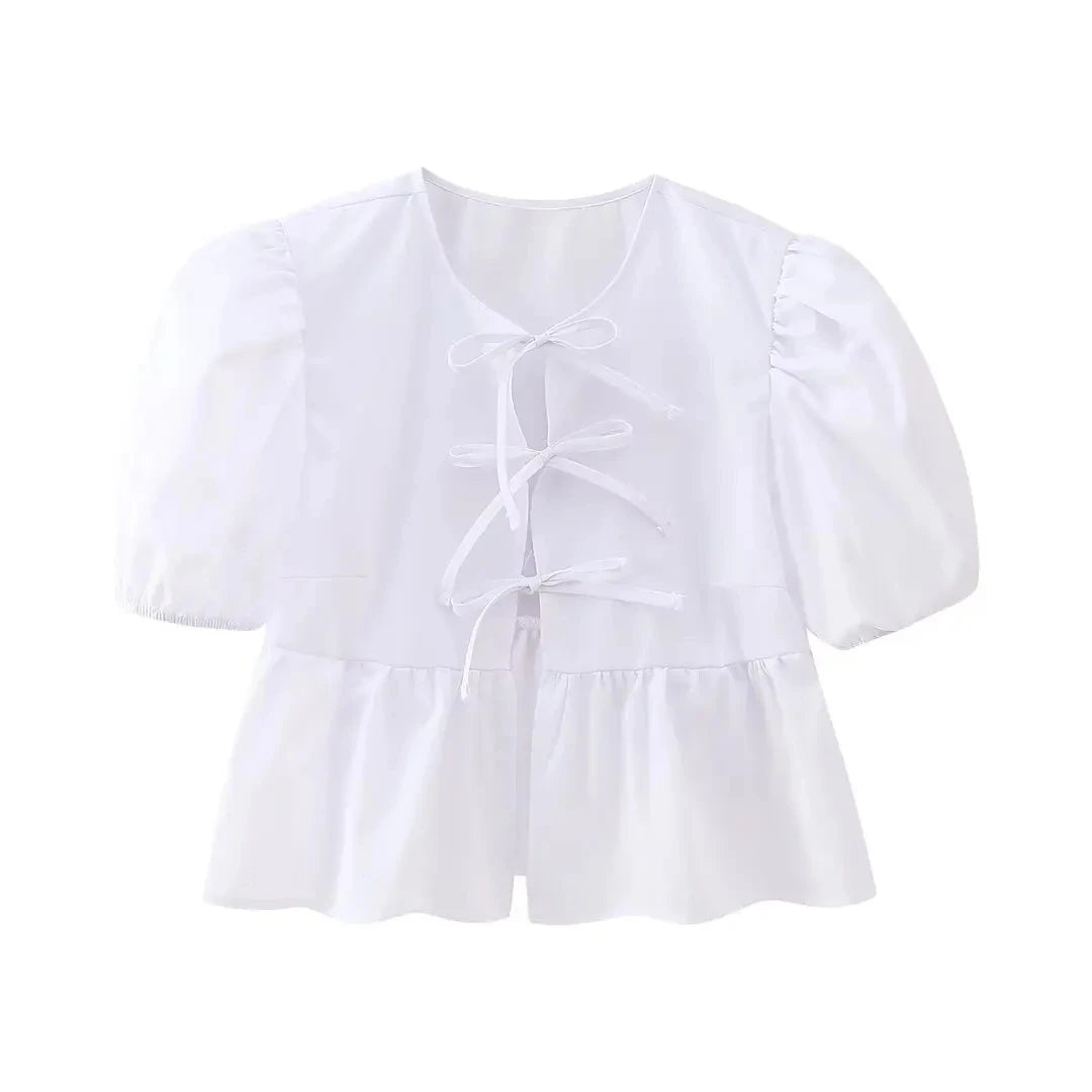 Women's Lace-Up Puff Sleeve Blouse