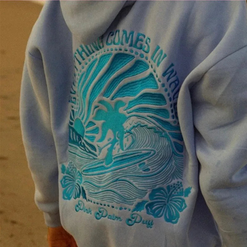 Women's Pink Palm Embroidered Fleece Hoodie