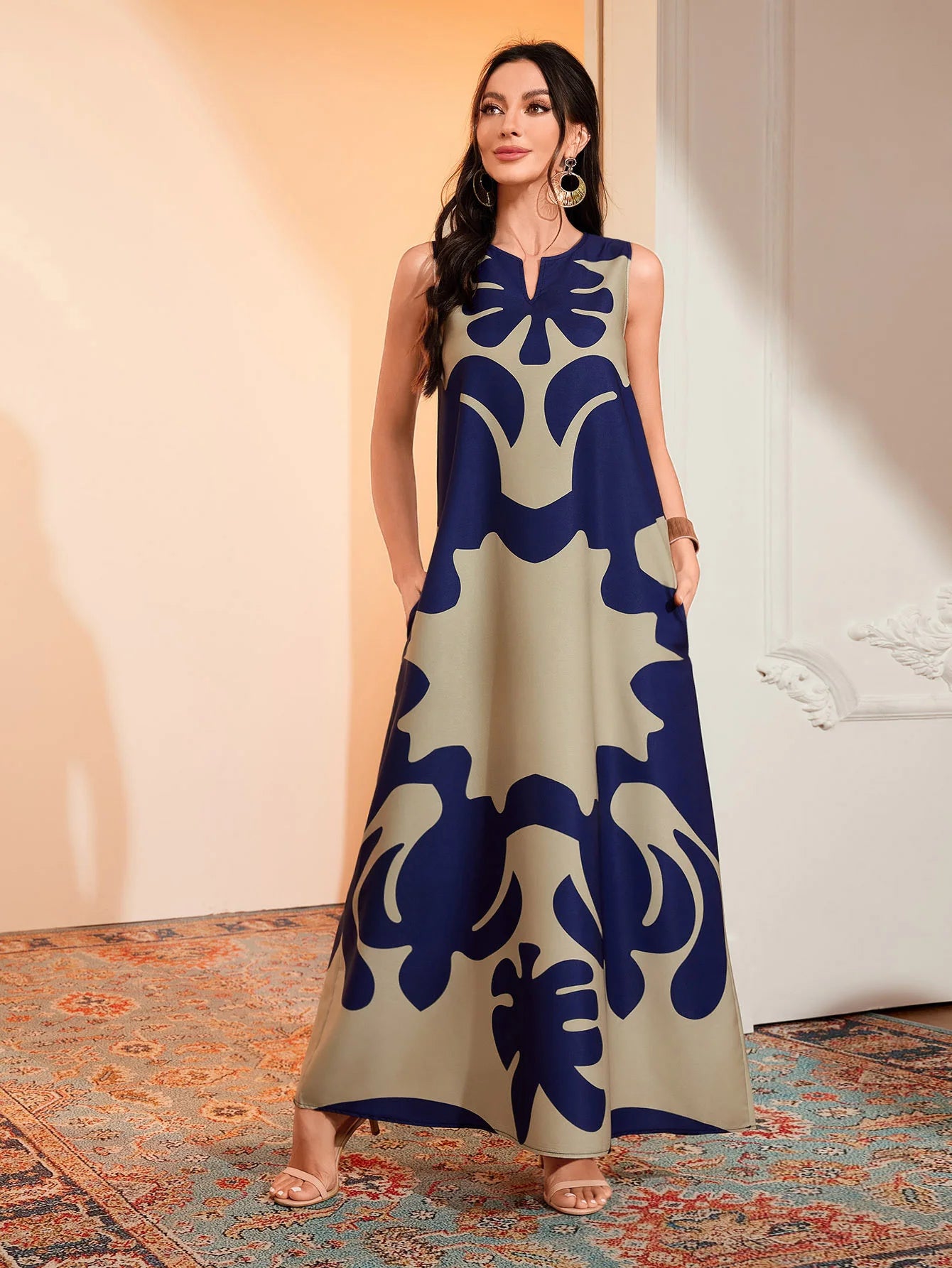 Vintage Maxi Pocket Loose Casual Print A-Line Dress