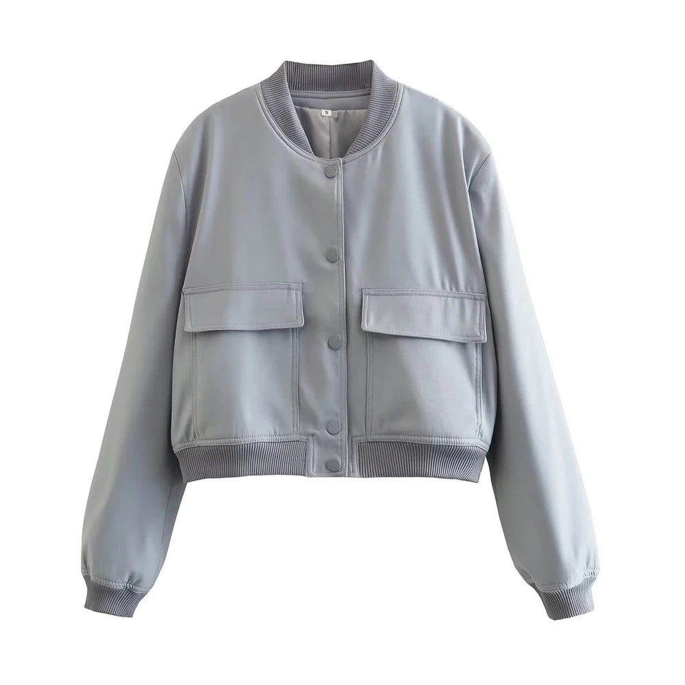 Women's Classic Button-Front Bomber Jacket with Pockets