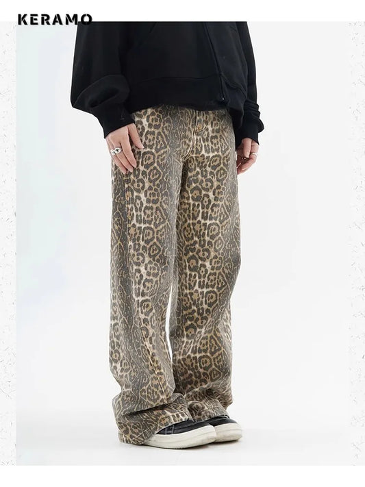 High-Waist Vintage Leopard Print Denim Jeans