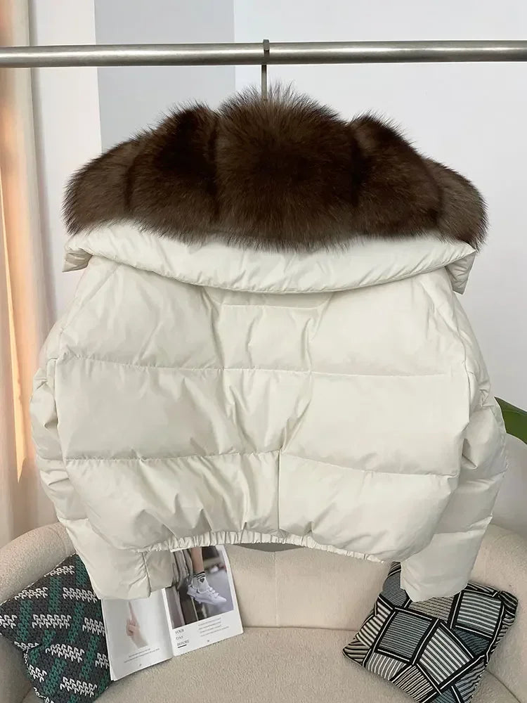 Luxury Women's Short Puffer Jacket with Natural Fox Fur Collar