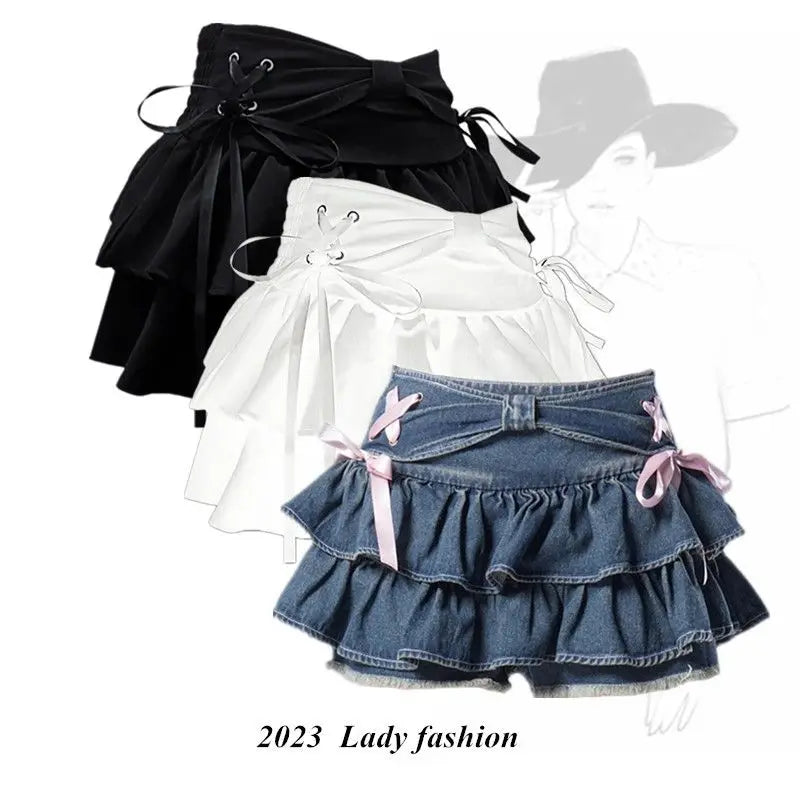High-Waist A-Line Mini Denim Skirt with Bow Detail