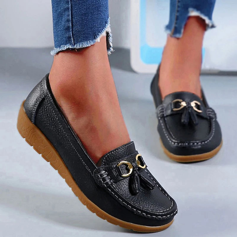 Genuine Leather Women Flats Fashion Casual Women Shoe Moccasins Shoes Woman Slip On Flat Shoes Black Ladies Shoes Plus Size