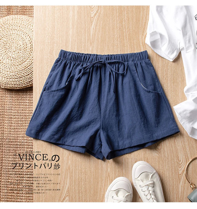 High-Waisted Linen Cotton Casual Shorts for Women