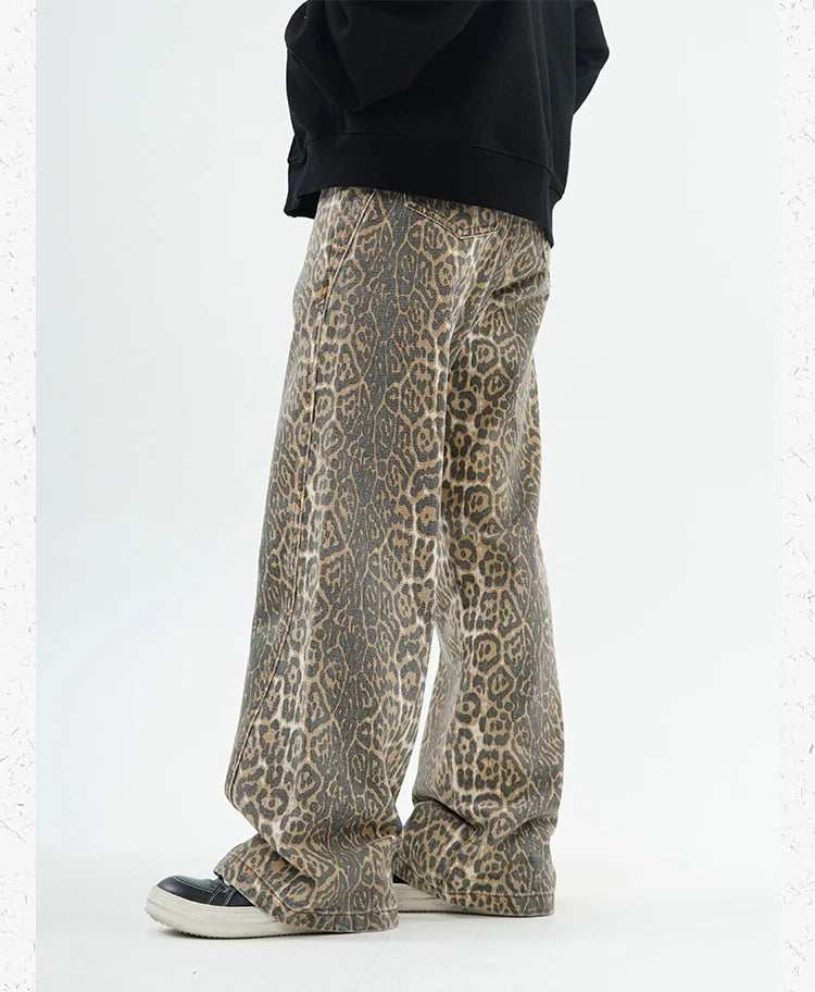 High-Waist Vintage Leopard Print Denim Jeans