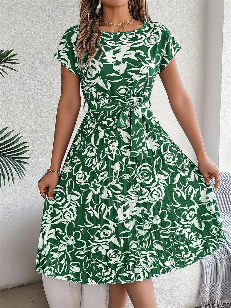 Floral Pleated Short Sleeve High Waist Chic Dress