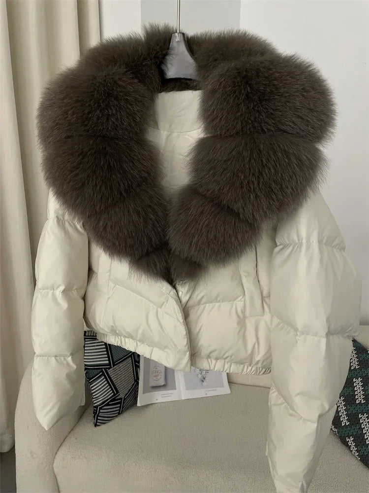 Luxury Women's Short Puffer Jacket with Natural Fox Fur Collar