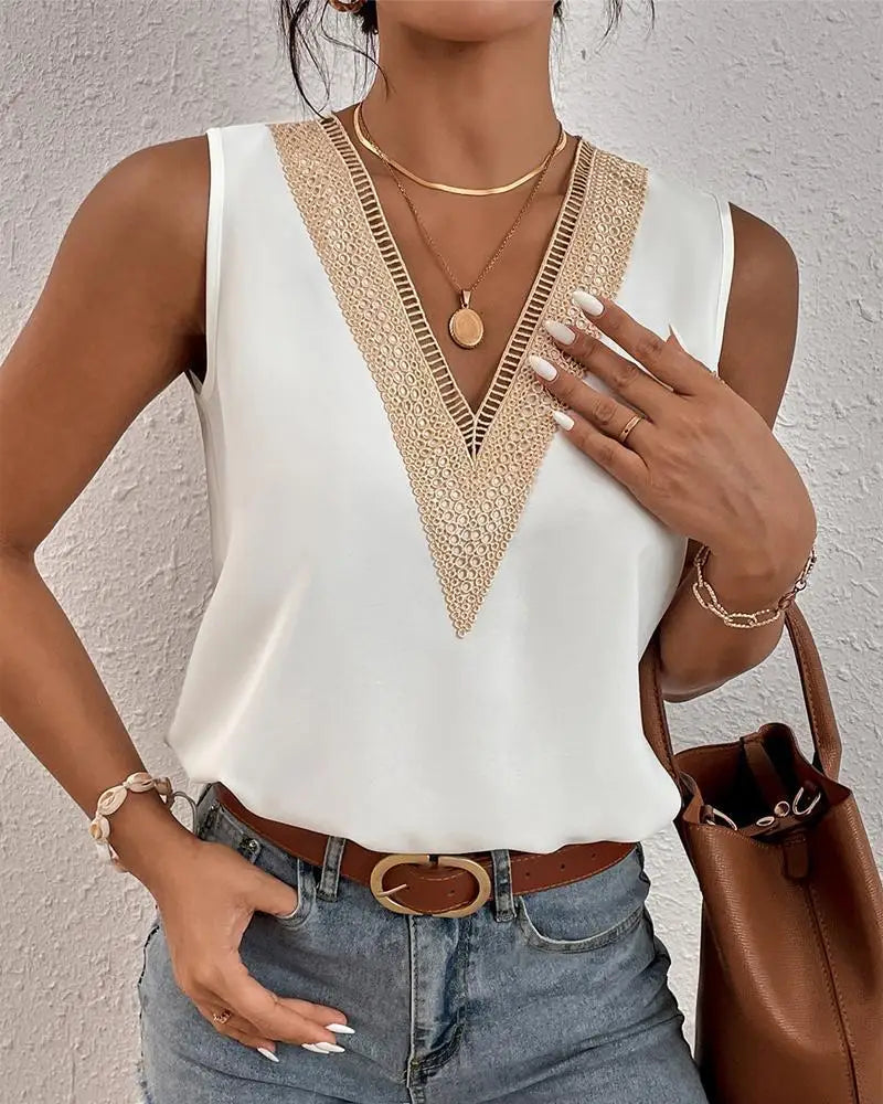 Women's Elegant Sleeveless V-Neck Lace Blouse