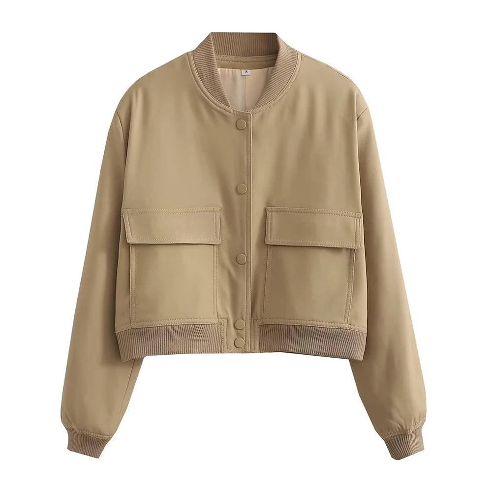 Women's Classic Button-Front Bomber Jacket with Pockets