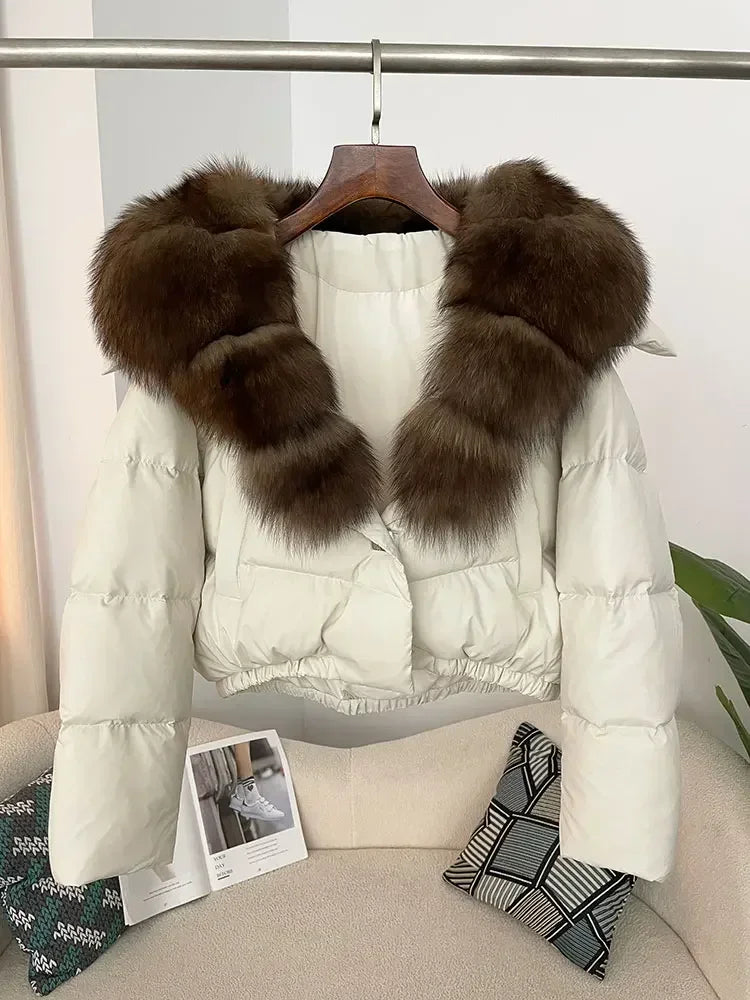 Luxury Women's Short Puffer Jacket with Natural Fox Fur Collar