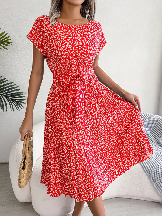 Floral Pleated Short Sleeve High Waist Chic Dress