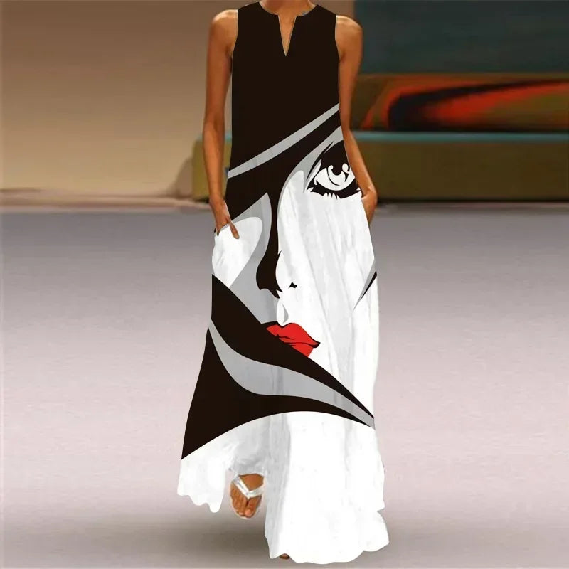 Vintage Maxi Pocket Loose Casual Print A-Line Dress