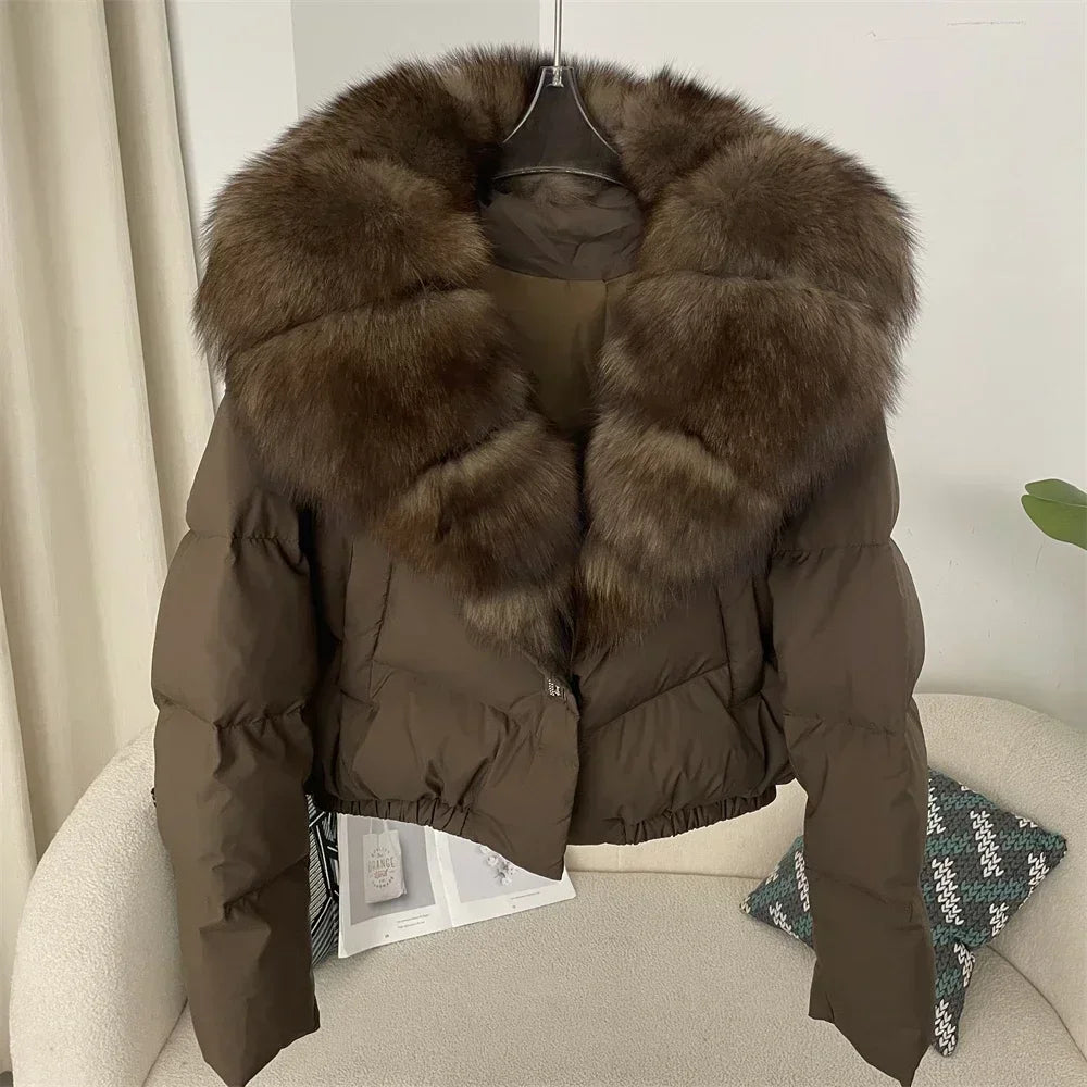 Luxury Women's Short Puffer Jacket with Natural Fox Fur Collar