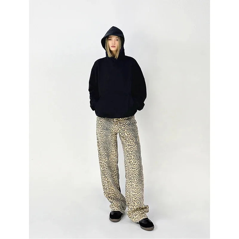 High-Waist Vintage Leopard Print Denim Jeans
