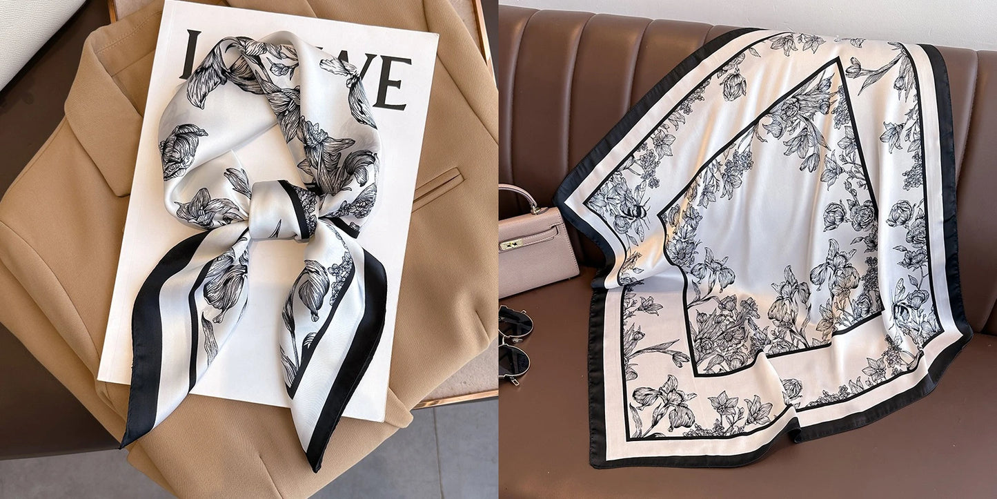Elegant Floral Silk-Feel Square Scarf - 60-80cm Versatile Women's Neck Scarf