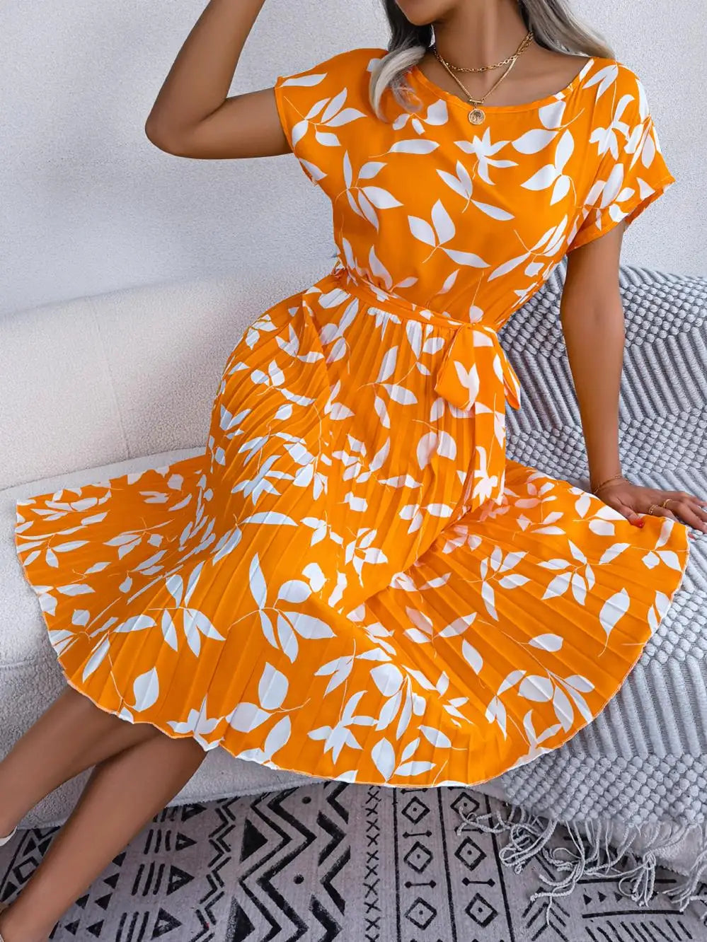 Floral Pleated Short Sleeve High Waist Chic Dress