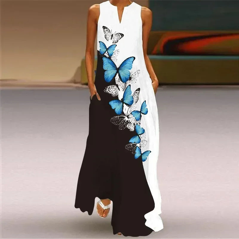 Vintage Maxi Pocket Loose Casual Print A-Line Dress