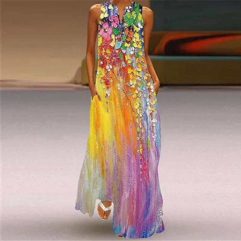 Vintage Maxi Pocket Loose Casual Print A-Line Dress