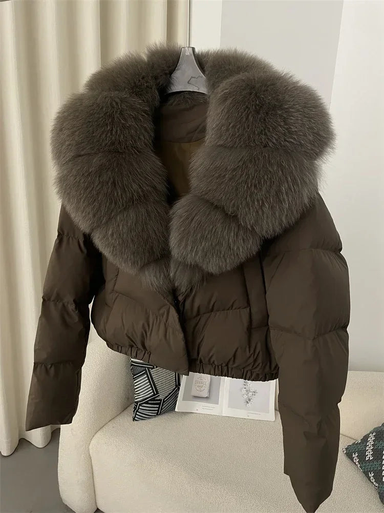 Luxury Women's Short Puffer Jacket with Natural Fox Fur Collar