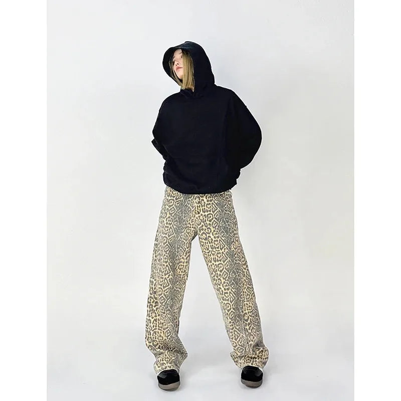 High-Waist Vintage Leopard Print Denim Jeans