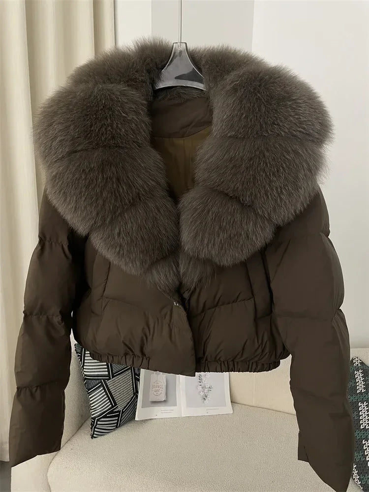Luxury Women's Short Puffer Jacket with Natural Fox Fur Collar