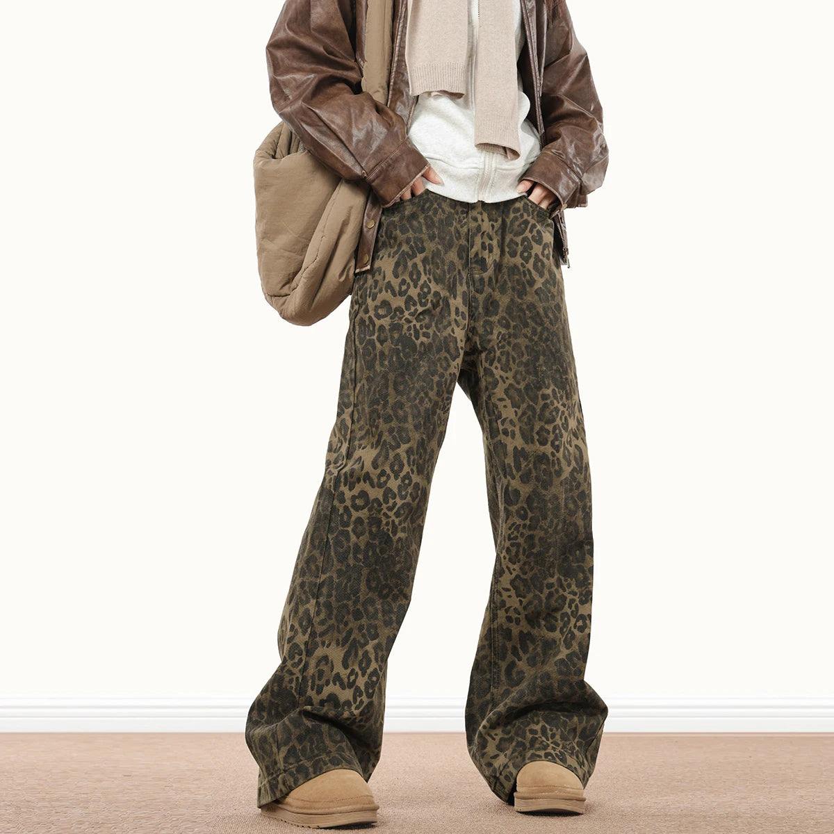High-Waist Vintage Leopard Print Denim Jeans