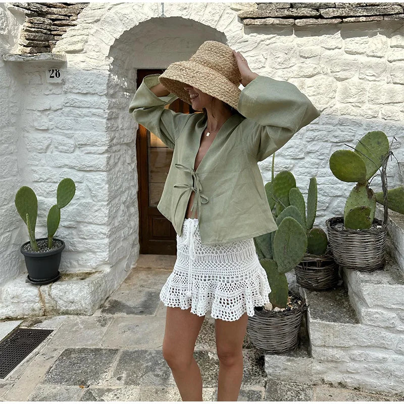 Elegant V-Neck Cotton Linen Blouse