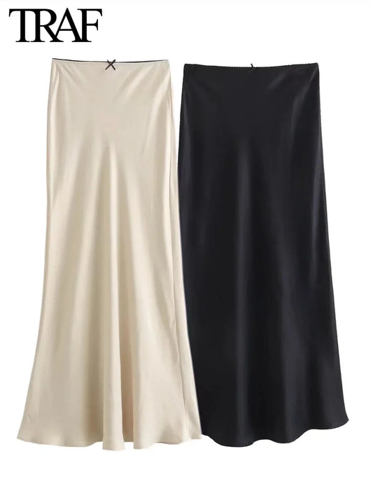 High-Waist Satin Pencil Skirt with Bow Detail